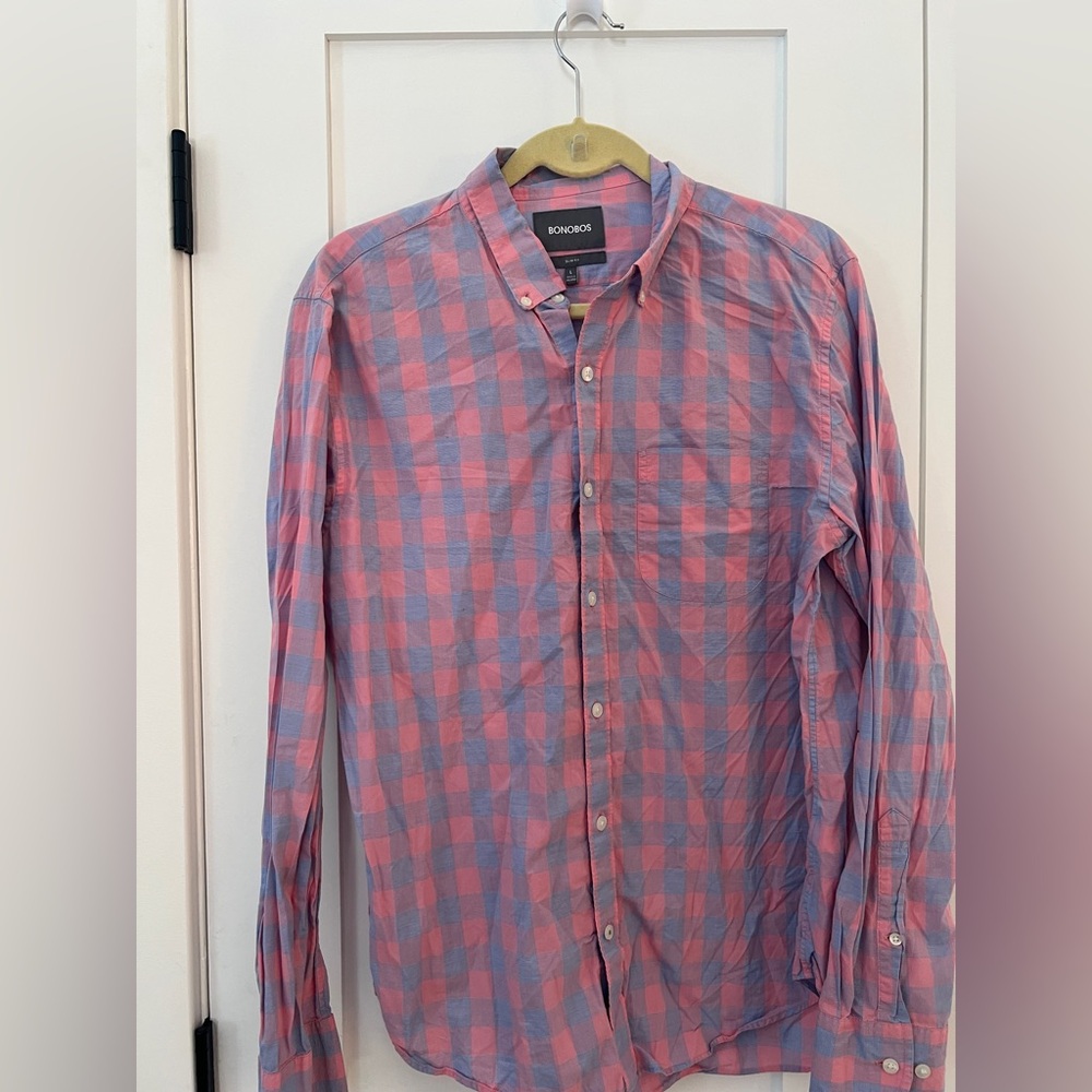 Bonobos Men's Casual Pink and Blue Plaid Shirt
